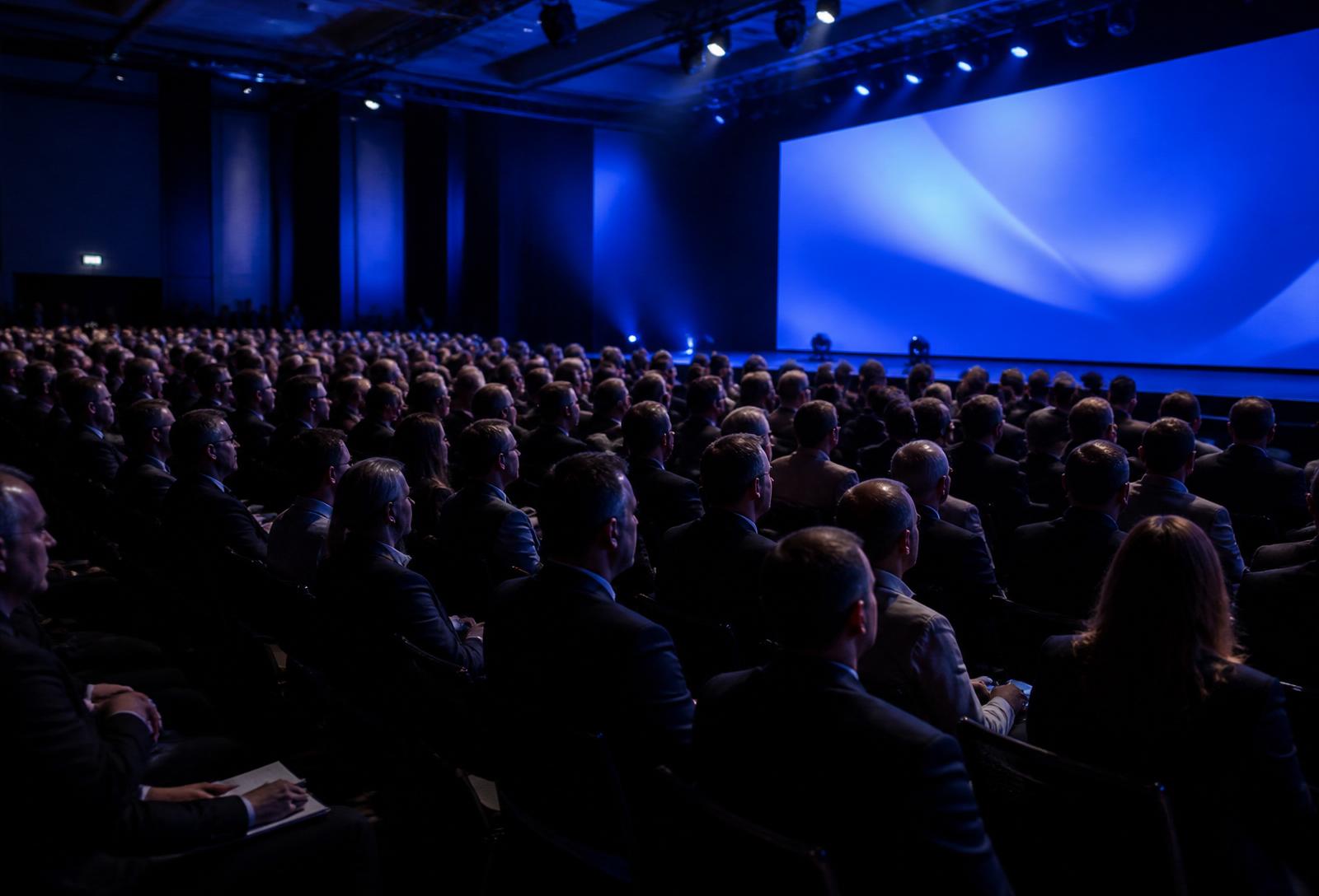 Plateia de executivos acompanhando uma palestra em um summit de negócios